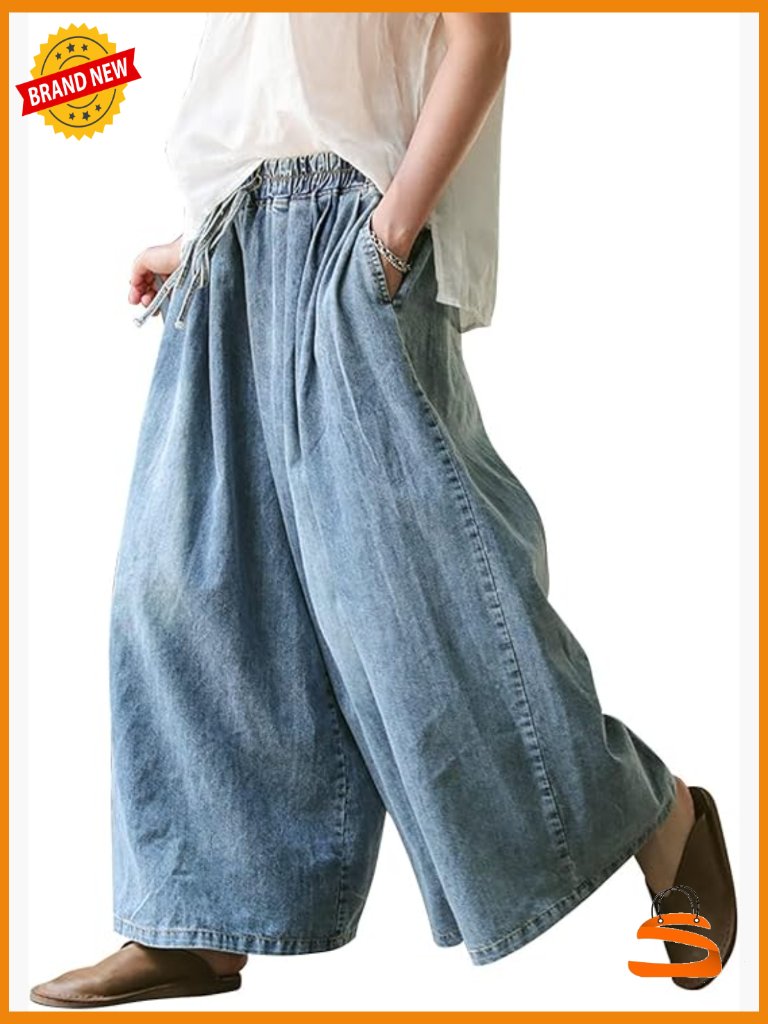 Women's Wide Leg Baggy Jeans Plus Size Loose Elastic Waist Denim Pants Deep